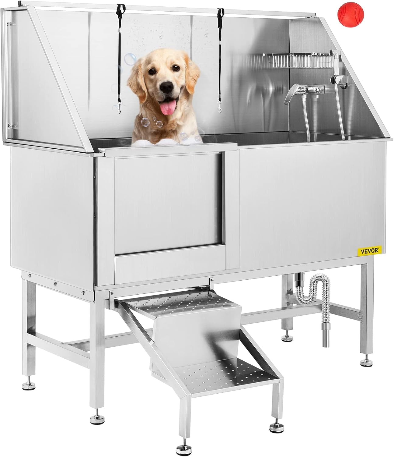 Grooming 62” Professional Dog Grooming Tub Water-Resistant Grooming Tub Pet Washing Station with Faucet, Walk-In Ramp and Accessories Left Door