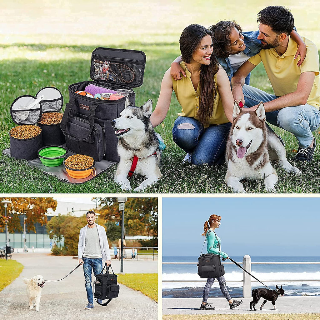 Dog Travel Bag with 2 Collapsible Dog Bowls, 1 Dog Backpack, Airline Approved Pet Travel Bagorganizer for Supplies & Accessories, 2 Travel Dog Food Container, Black
