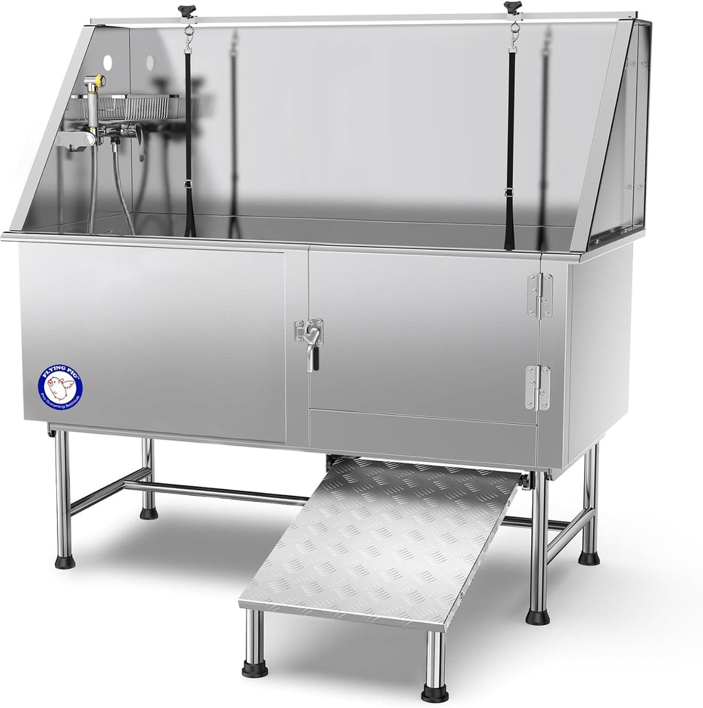 62" Stainless Steel Pet Dog Bath Tub with Faucet (Right Door/Left Drain), 62 X 27 X 58"