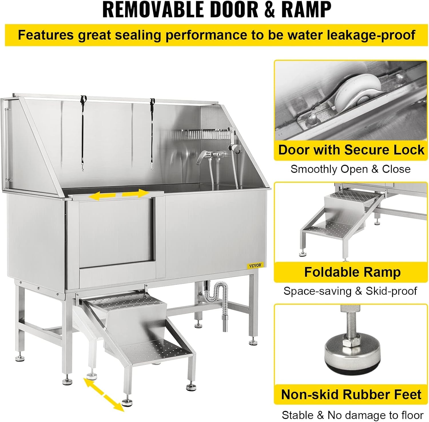Grooming 62” Professional Dog Grooming Tub Water-Resistant Grooming Tub Pet Washing Station with Faucet, Walk-In Ramp and Accessories Left Door