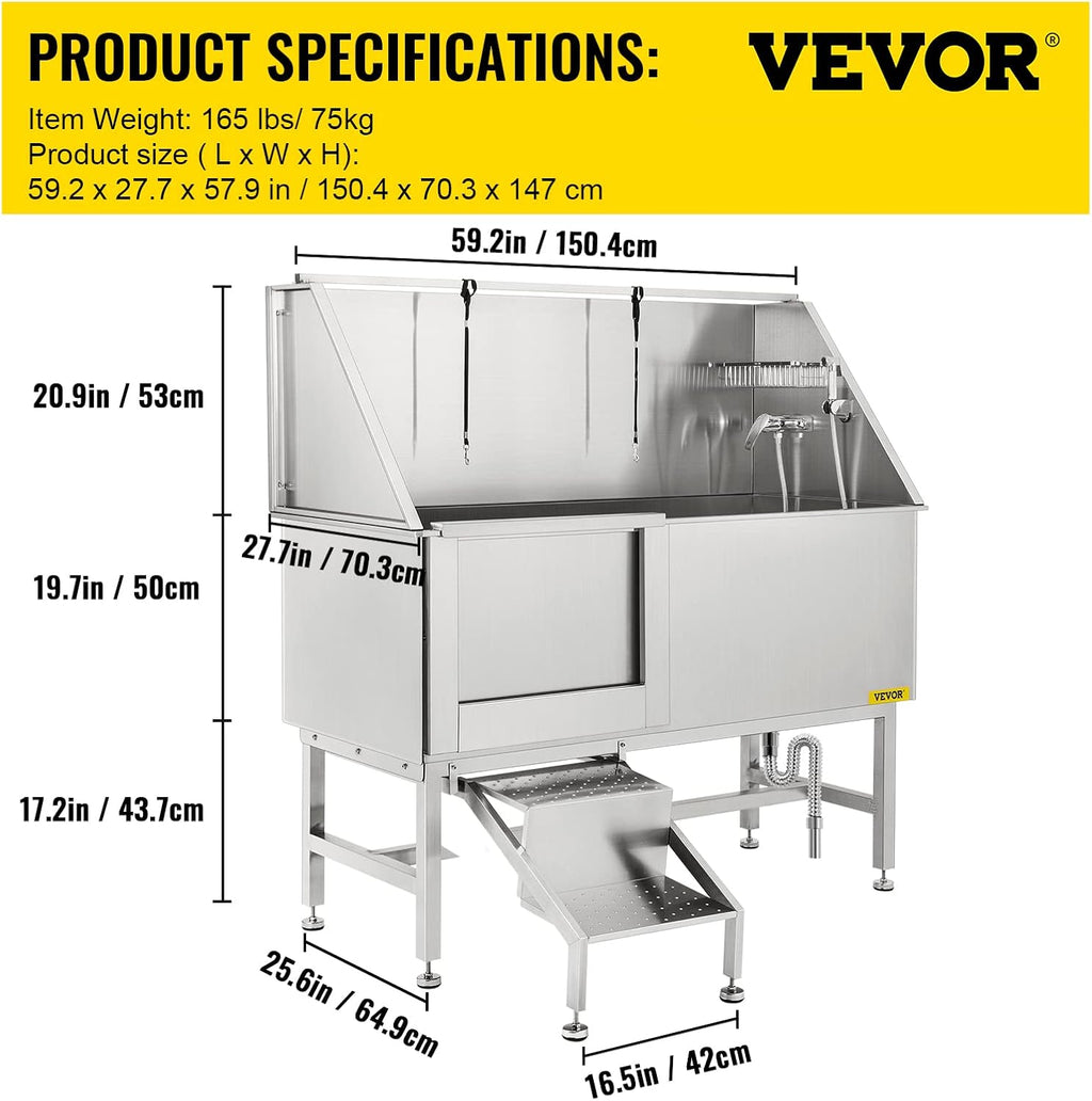 Grooming 62” Professional Dog Grooming Tub Water-Resistant Grooming Tub Pet Washing Station with Faucet, Walk-In Ramp and Accessories Left Door