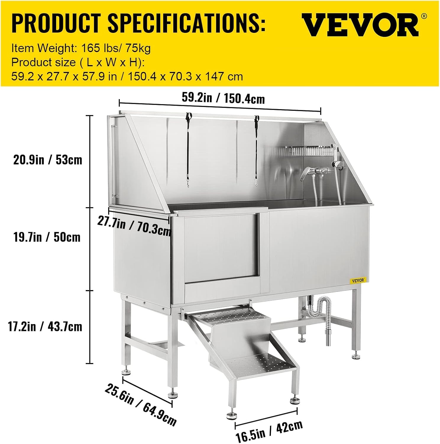 Grooming 62” Professional Dog Grooming Tub Water-Resistant Grooming Tub Pet Washing Station with Faucet, Walk-In Ramp and Accessories Left Door