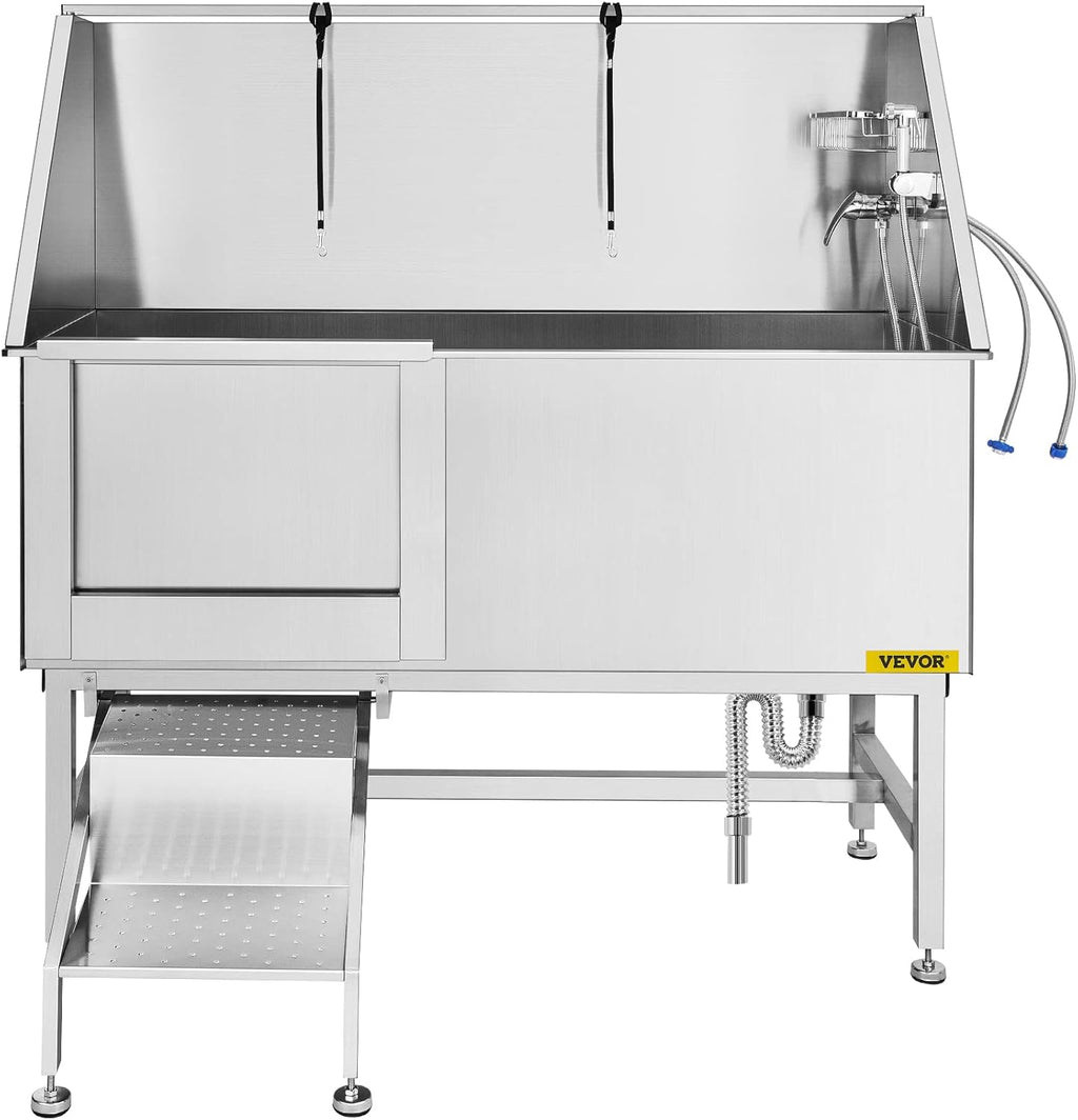 Grooming 62” Professional Dog Grooming Tub Water-Resistant Grooming Tub Pet Washing Station with Faucet, Walk-In Ramp and Accessories Left Door