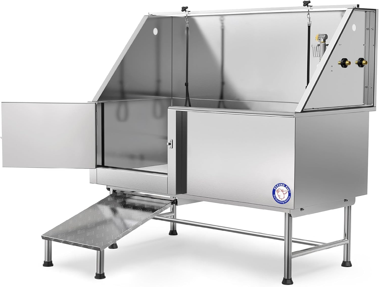Flying Pig 62" Stainless Steel Pet Dog Grooming Bath Tub with Walk-In Ramp & Accessories (Left Door/Right Drain)