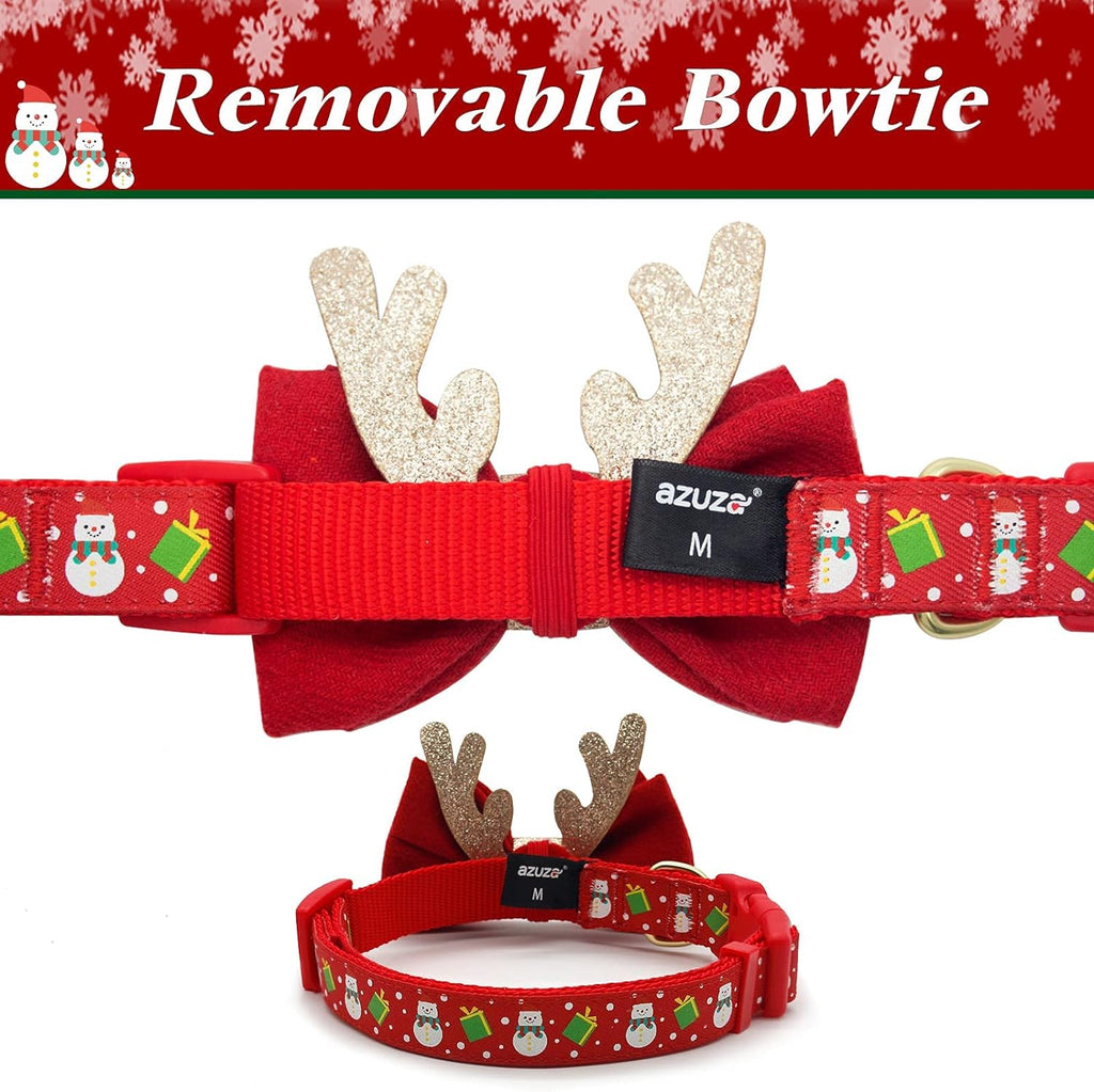 Christmas Dog Collar Adjustable Xmas Dog Collars with Christmas Antler Bow Tie Accessories Snowman Dog Collar for Medium Dogs