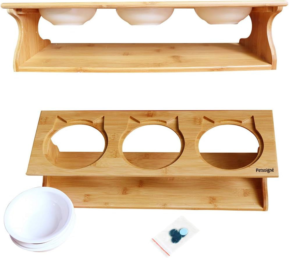 Cat Bowls Pet Dining Table with Raised Slope Wooden Stand Elevated Pet Bowls with Oblique Stand for Cats, Dogs, Kitten and Puppy (3 Bowls, Ceramics)