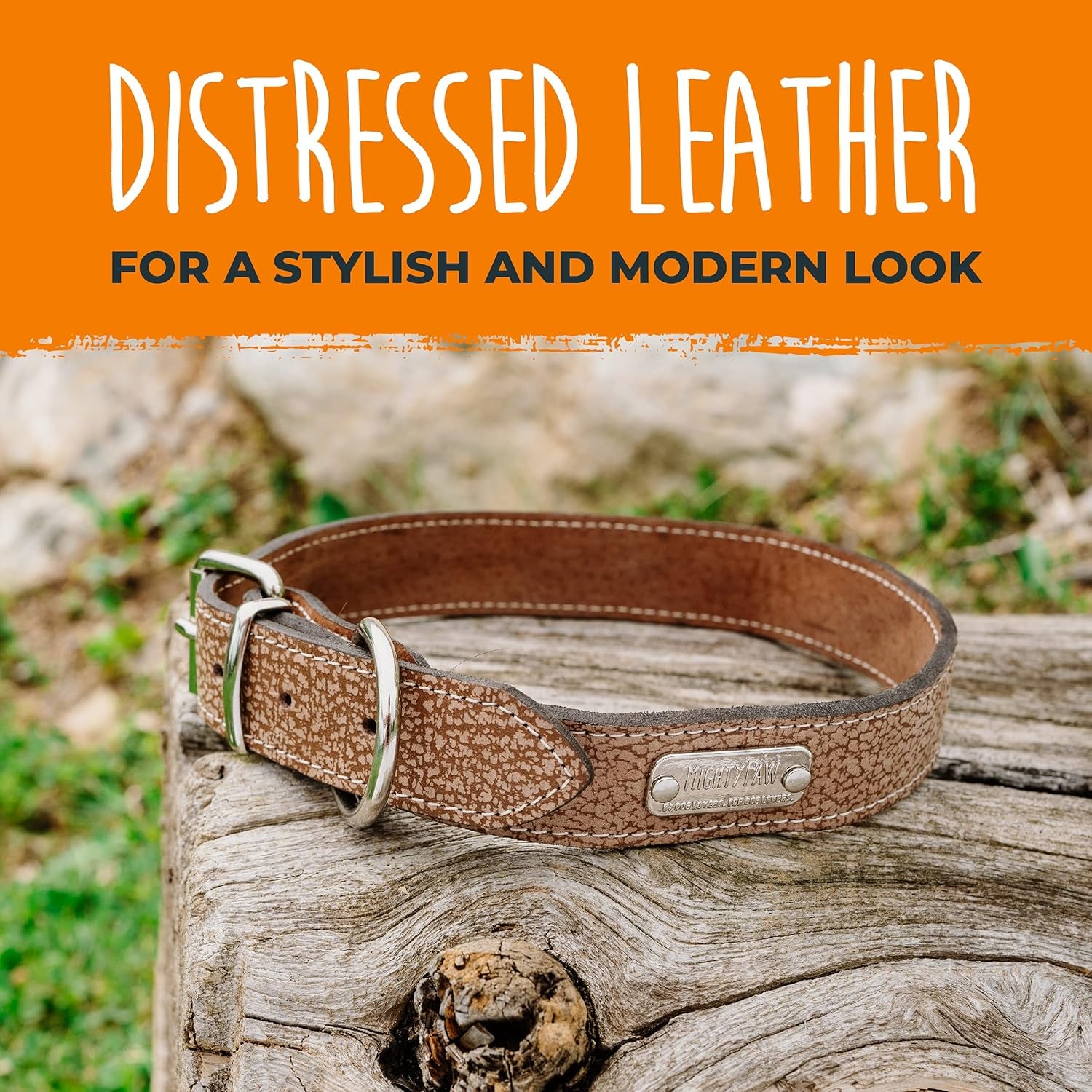 Leather Dog Collar - Genuine Distressed Leather - Strong Metal Buckle - Ultimate Comfort - Modern Style for All Dogs Breeds - Comfort Puppy Collar - (Small - Lite Brown)