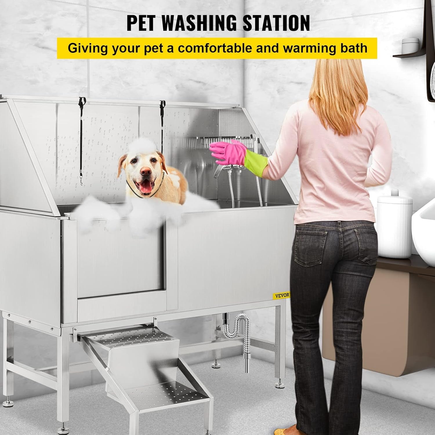 Grooming 62” Professional Dog Grooming Tub Water-Resistant Grooming Tub Pet Washing Station with Faucet, Walk-In Ramp and Accessories Left Door