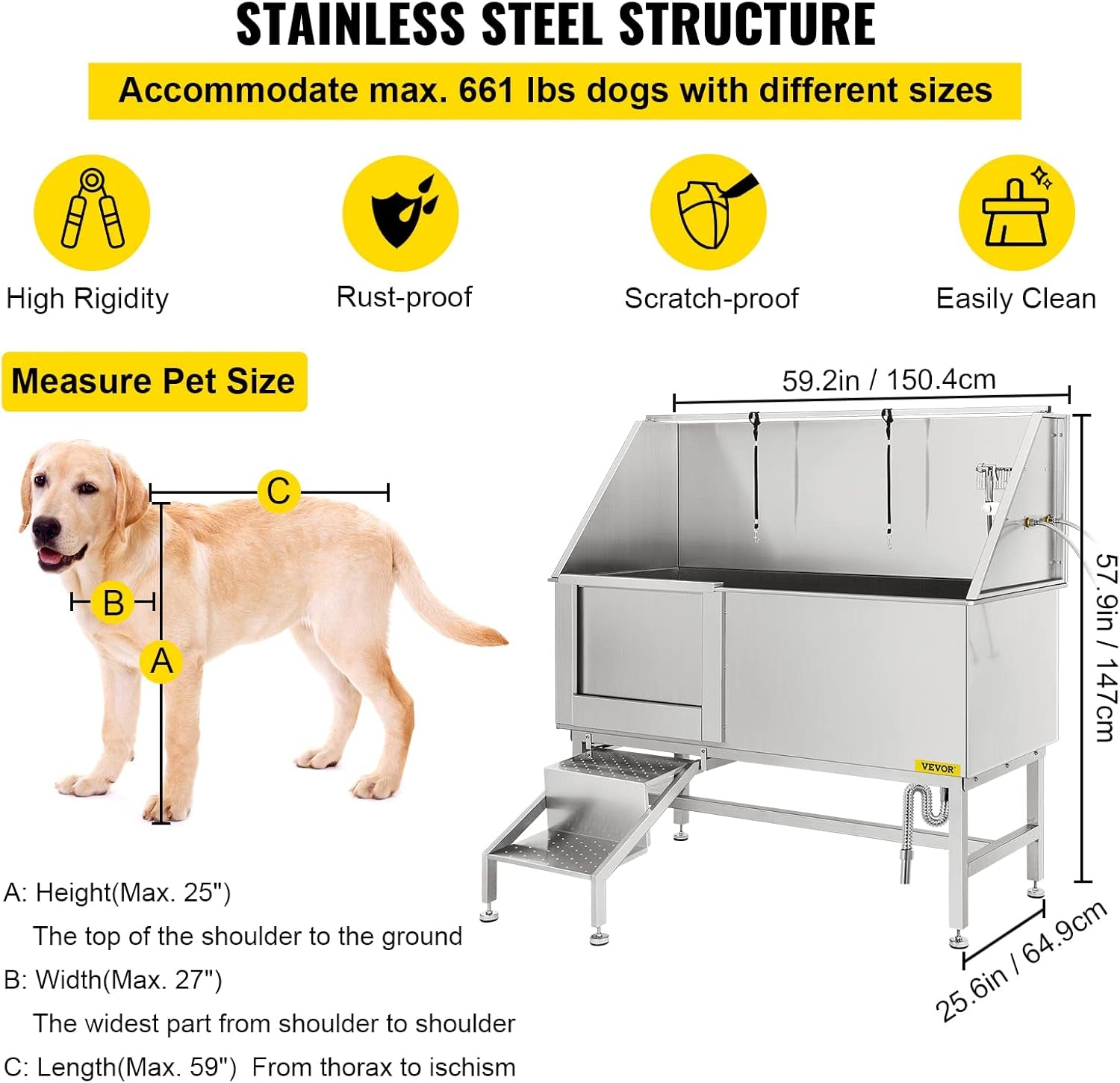 Grooming 62” Professional Dog Grooming Tub Water-Resistant Grooming Tub Pet Washing Station with Faucet, Walk-In Ramp and Accessories Left Door