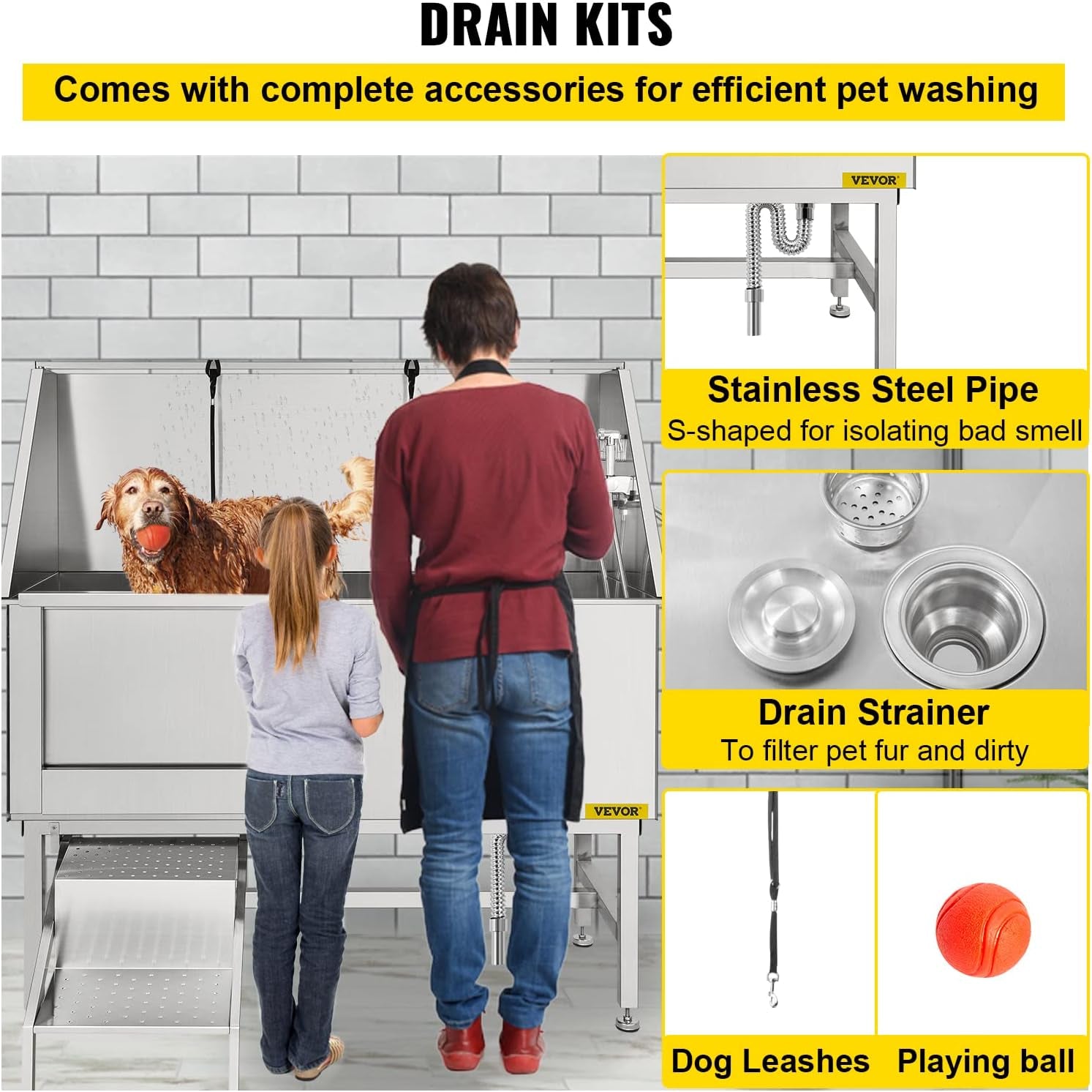 Grooming 62” Professional Dog Grooming Tub Water-Resistant Grooming Tub Pet Washing Station with Faucet, Walk-In Ramp and Accessories Left Door