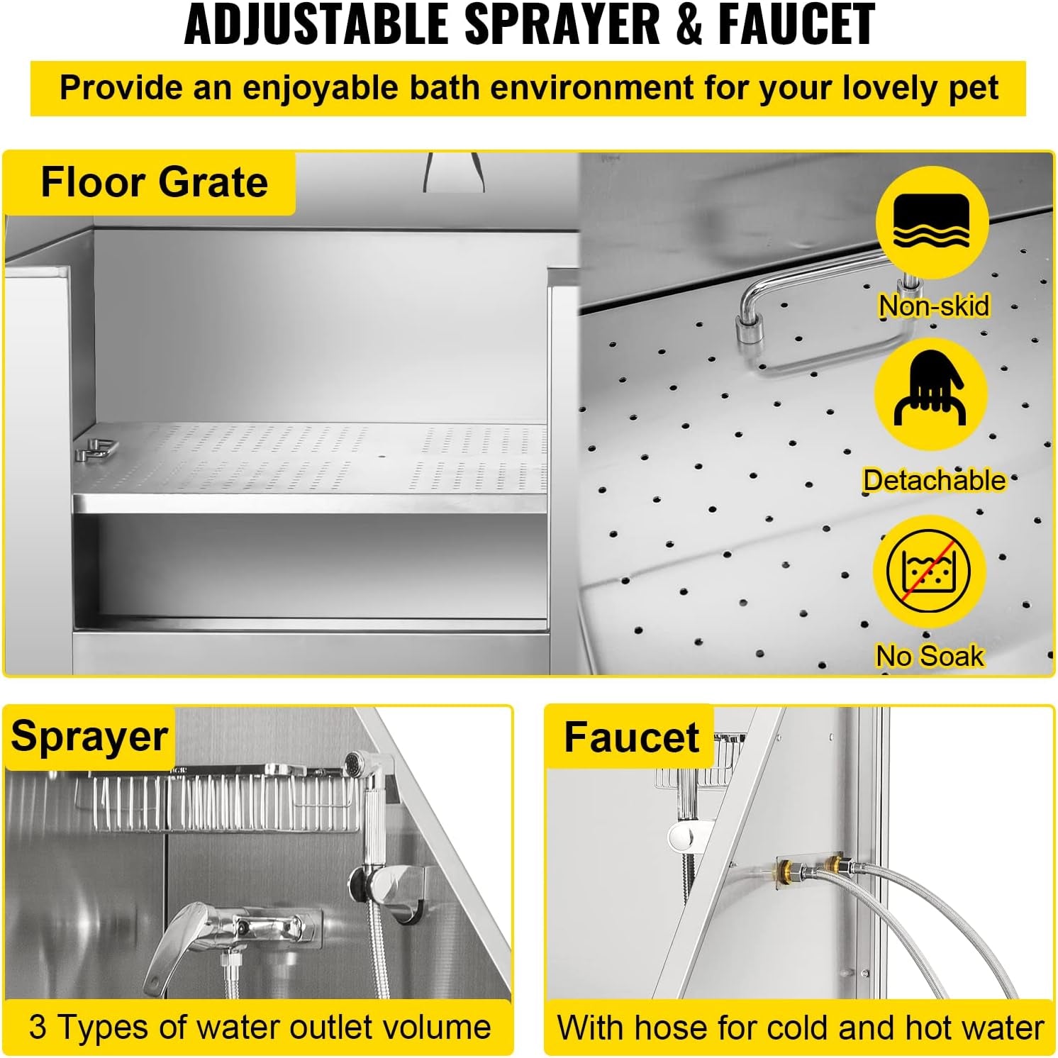 Grooming 62” Professional Dog Grooming Tub Water-Resistant Grooming Tub Pet Washing Station with Faucet, Walk-In Ramp and Accessories Left Door