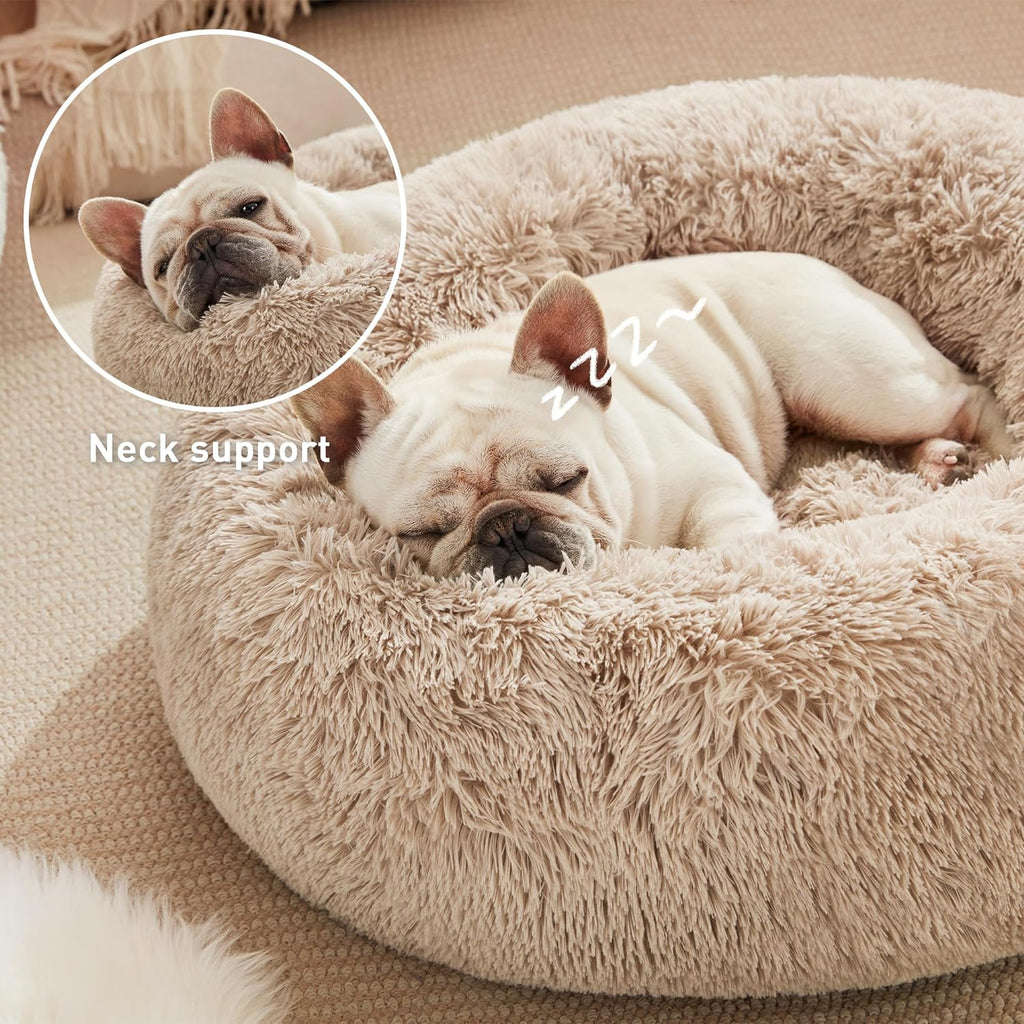 Calming Cat Bed for Indoor Cats,Anti-Anxiety Donut round Dog Bed,Fluffy Faux Fur Washable Pet Bed for Small Medium Dogs and Cats,Taupe,24In