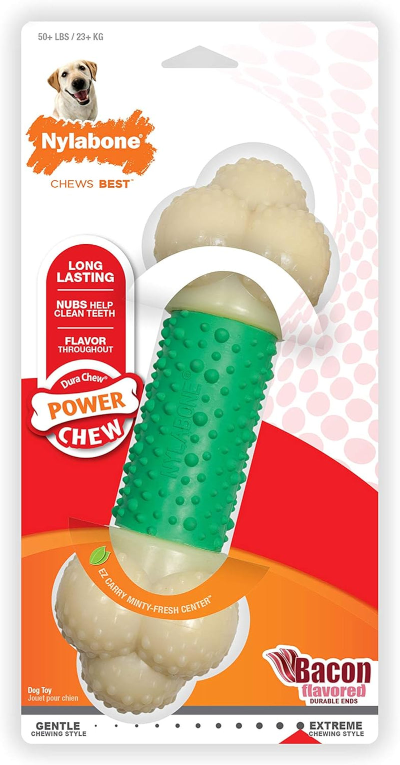 Double Action Bone Power Chew Toy for Dogs, Dog Toys for Aggressive Chewers, Bacon Flavor, X-Large - 50+ Lbs, 1 Count