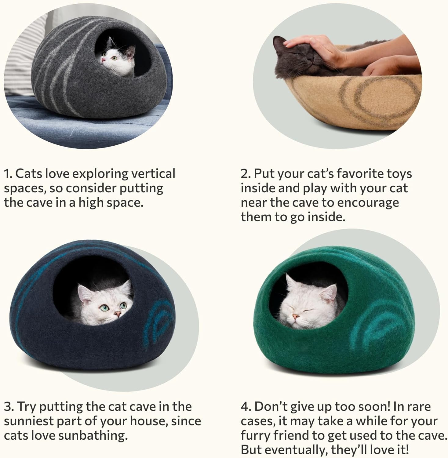 Cat Cave – Premium Felt Cat Bed for Indoor Cats, Handmade 100% Merino Wool (Light Grey, Medium)