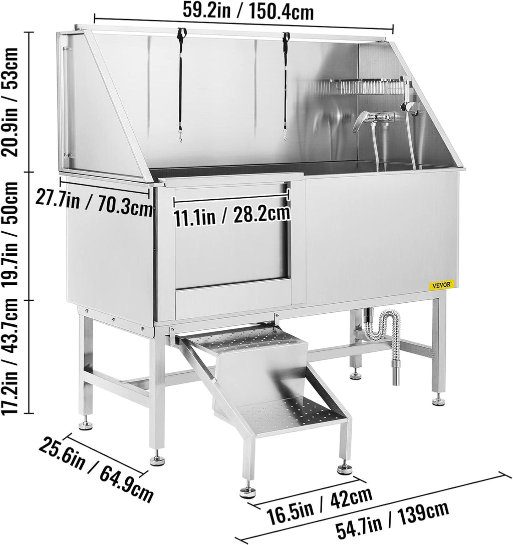 Grooming 62” Professional Dog Grooming Tub Water-Resistant Grooming Tub Pet Washing Station with Faucet, Walk-In Ramp and Accessories Left Door
